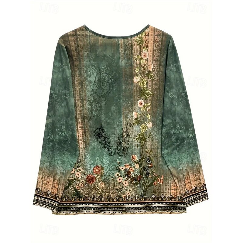 Women's T Shirt Graphic Plants Vintage Stylish Casual Long Sleeve V Neck Notched Neck Regular Tops Daily Weekend Print Green Spring Fall2