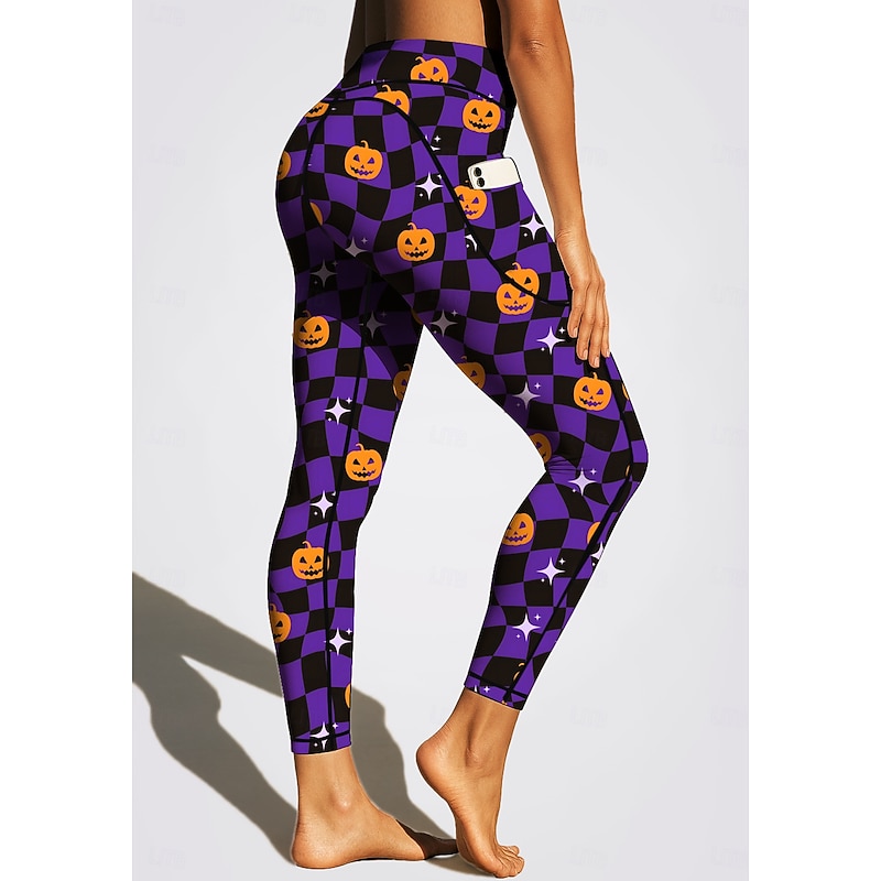Women's pilates leggings fitness pants Gym Leggings Pockets Stamp Duty Side Pockets Pilates Gym Gym Workout Pants Tights Leggings Graphic Plaid Halloween Amethyst Orange Sports Activewear High4