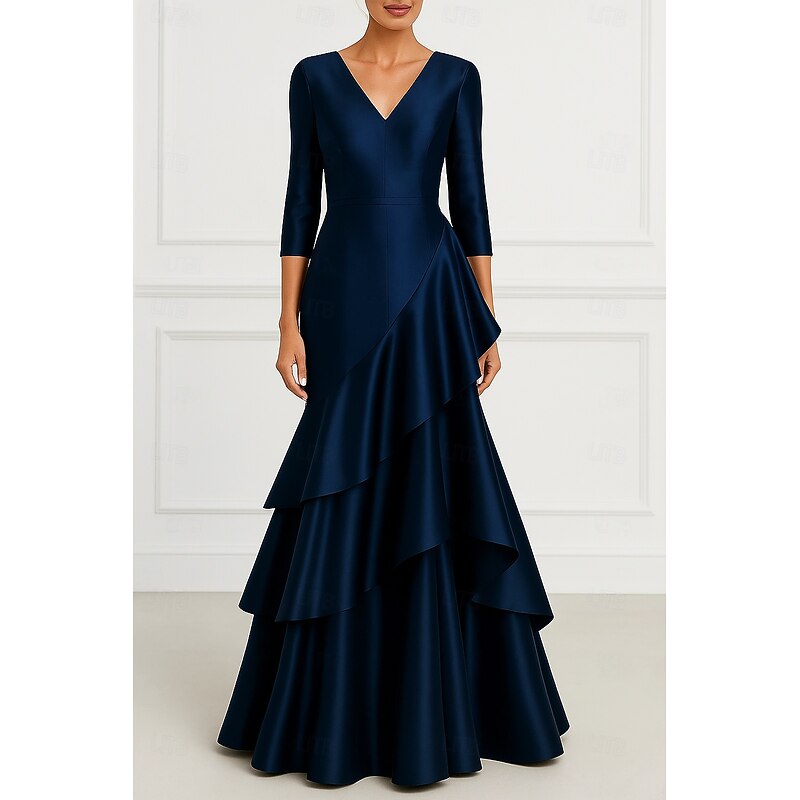 Blue Black A-Line Evening Gown Elegant Dress Formal Wedding Floor Length Long Sleeve V Neck Satin with Pleats Ruffles 20253