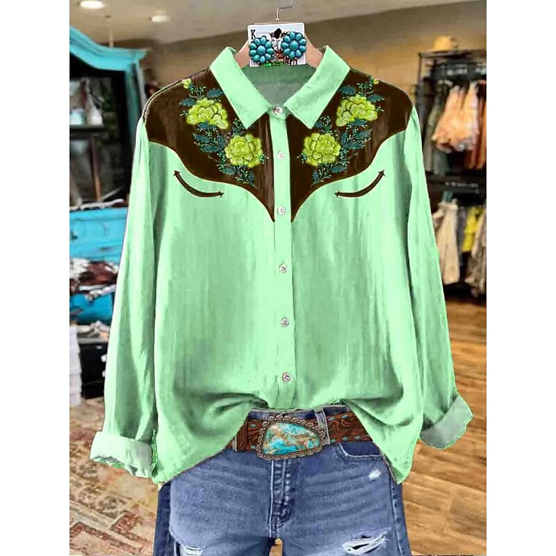 Women's Shirt Floral Graphic Elegant Bohemia Daily Long Sleeve Shirt Collar Regular Tops Work Daily Buttons Print Pink Green Khaki Gray Spring Fall Winter2