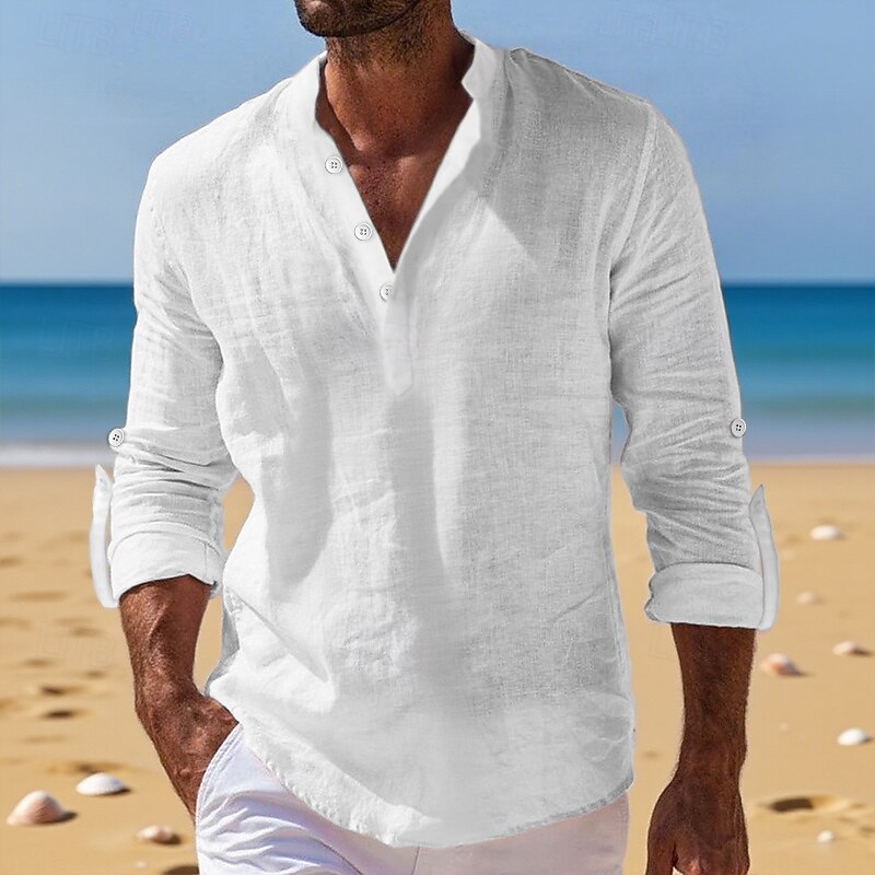 Men's Linen Shirt Band Collar Shirt Popover Shirt Casual Shirt Beach Shirt Plain Vacation Holiday Black White Pink Orange Long Sleeve Henley Summer Spring & Summer Clothing Apparel2