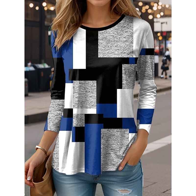 Women's T Shirt Graphic Color Block Vintage Fashion Casual Long Sleeve Crew Neck Regular Tops Daily Print Red Royal Blue Blue Purple Green Spring Fall2
