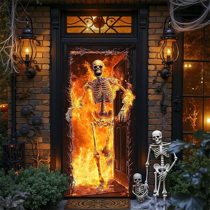 Halloween Door Cover Outdoor Banners Skeleton Flame Psychedelic Dark Punk Gothic Style Party Outdoor Shooting Backgrounds Front Door Wall Porch Home Decor