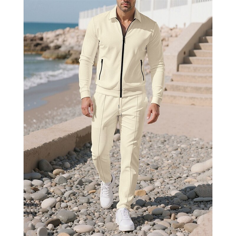 Men's Lightweight Jacket Casual Jacket Set Vacation Daily Breathable Pocket 2 Piece Spring Fall Plain Fashion Classic Lapel Regular Black White Royal Blue Khaki Gray Jacket3