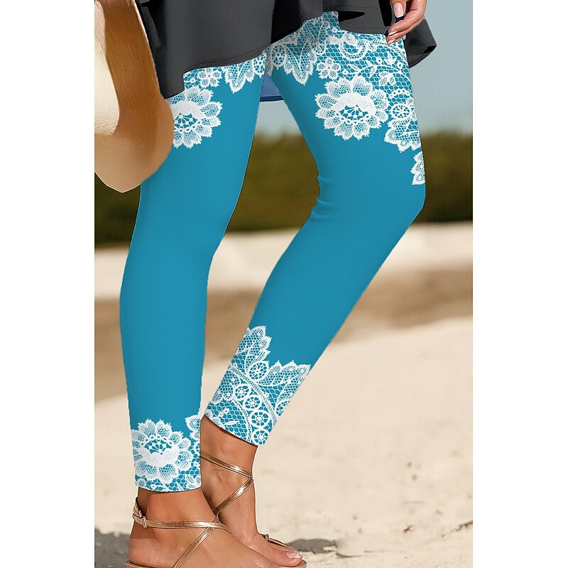 Women's Leggings Vacation Vintage Ethnic Style Ankle-Length High Waist Graphic 3D Print Quick Dry Breathability Soft Stretchy Outdoor Home Causal Yellow Blue Sky Blue Spring Fall Regular Fit