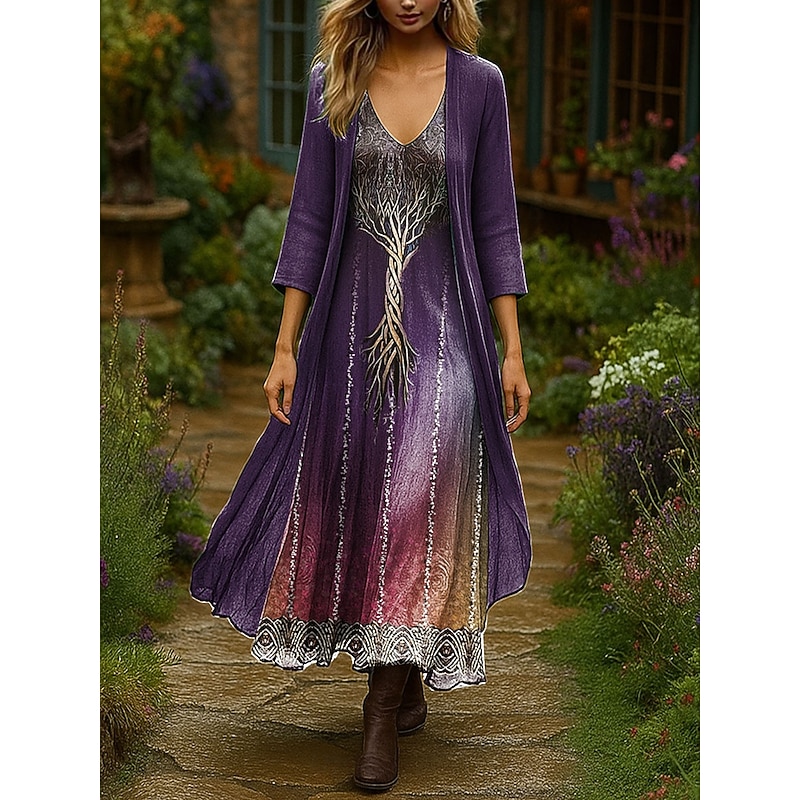 Women's Dress Set Maxi Dress A Line Dress Summer Dress Vacation Boho Ombre Graphic Layered Print Maxi Dress 3/4 Length Sleeve V Neck Outdoor Daily Blue Purple Green Spring Fall Regular Fit2