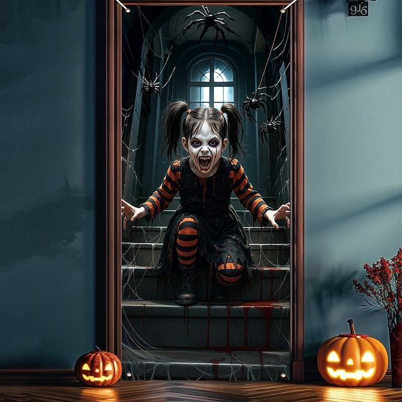 Halloween Door Covers Haunted Stairway Creepy Girl Door Curtain Decoration Backdrop Door Banner for Front Door Farmhouse 2025 Halloween Holiday Party Indoor Outdoor Decor Supplies