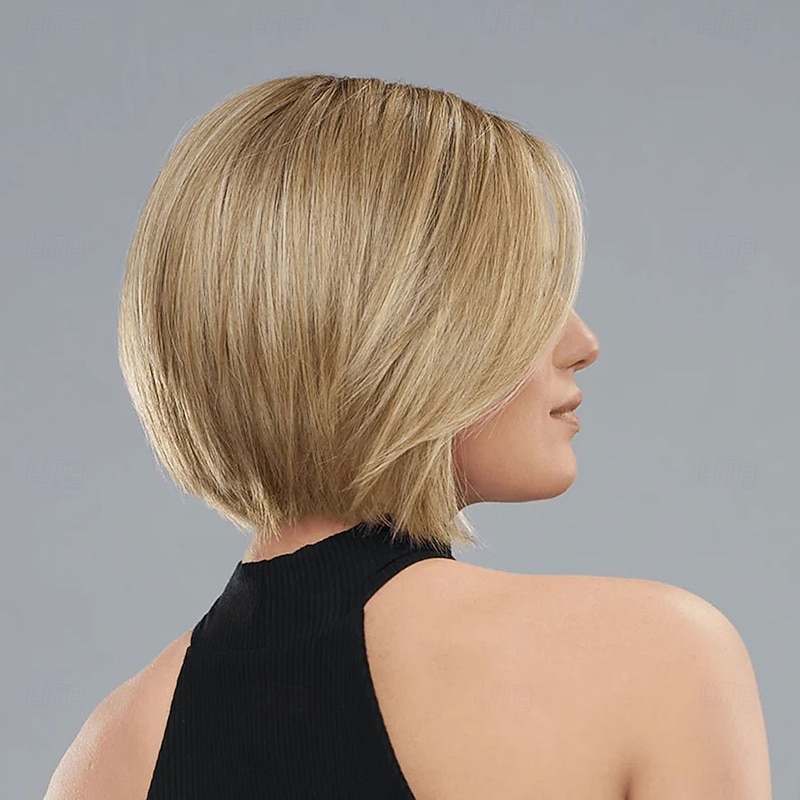 Women’s Blonde Brown Highlight Short Straight Bob Wig Natural Looking Realistic Synthetic Hair Heat Resistant Side Part Elegant Daily Wear Fashion Style3