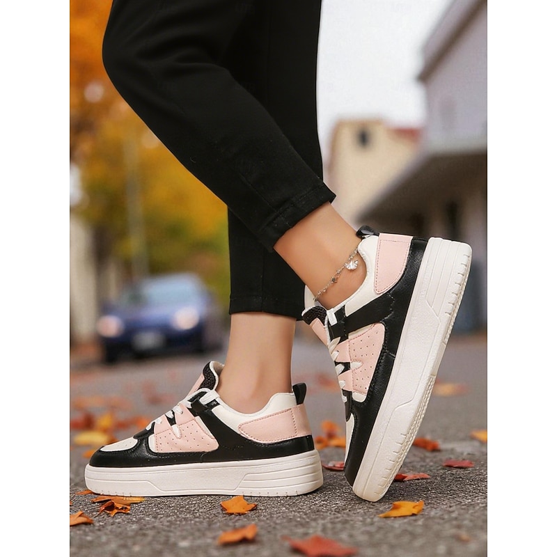 Women's Pink and Black Colorblock Lace-Up Sneakers - Comfortable Faux Leather Platform Walking Shoes for Casual Outfits, Street Style and Autumn Travel3