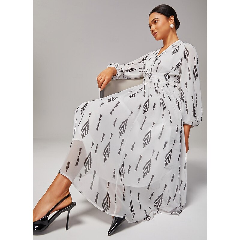 Women's Black and White Print Chiffon Maxi Dress Elegant Poised Waist Cinching Slim Fit Party Work Daily Fall4