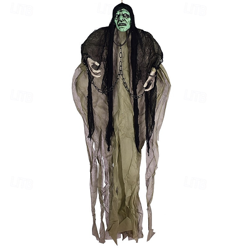 Haunted House Ghost Decoration, Glowing Eyes, Green Head, Gray Clothes - Halloween Party Prop4