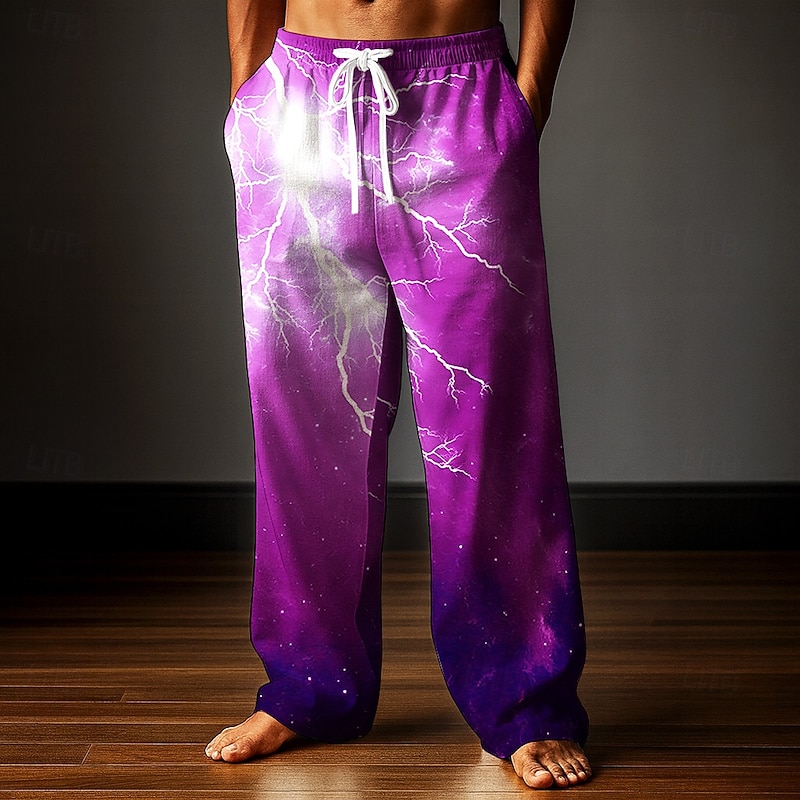 Halloween Men's Lightning Halloween Costumes Trousers Baggy Pants Casual Pants Mid Waist Dark Gothic Style Holiday Elastic Drawstring Waist Linen-Like Pants with Pockets Spring Fall 3D Print Blue