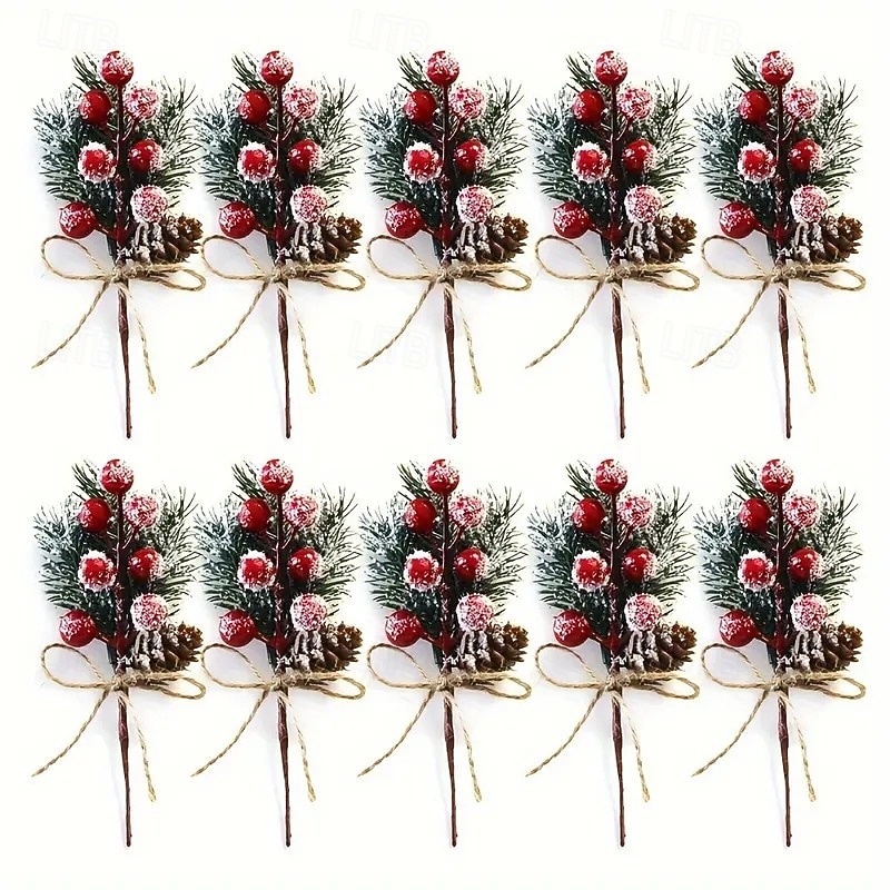 10pcs Artificial Christmas Tree Picks with Pinecones and Red Berries – Plastic Winter Table Decorations with Snow-Frosted Pine Needles and Rustic Jute Twine – Festive Holiday Party Decor2