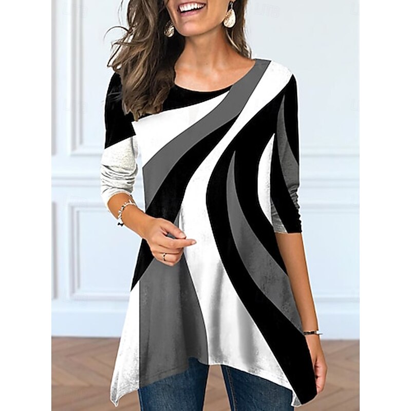 Women's T Shirt Graphic Geometric Vintage Stylish Casual Long Sleeve Crew Neck Long Tops Daily Print Asymmetrical White Blue Dusty Blue Gray Summer Spring