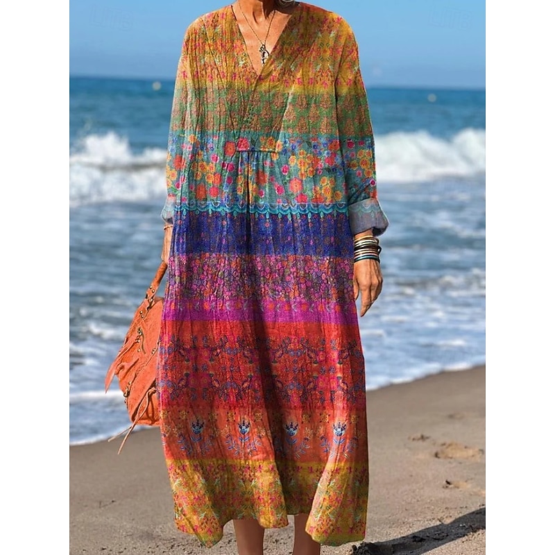 Women's Maxi Dress Sundress A Line Dress Vacation Casual Boho Party Holiday Beach Loose Fit Floral Graphic Geometric Long Sleeve V Neck Yellow Red Fuchsia Orange Summer Spring Fall2
