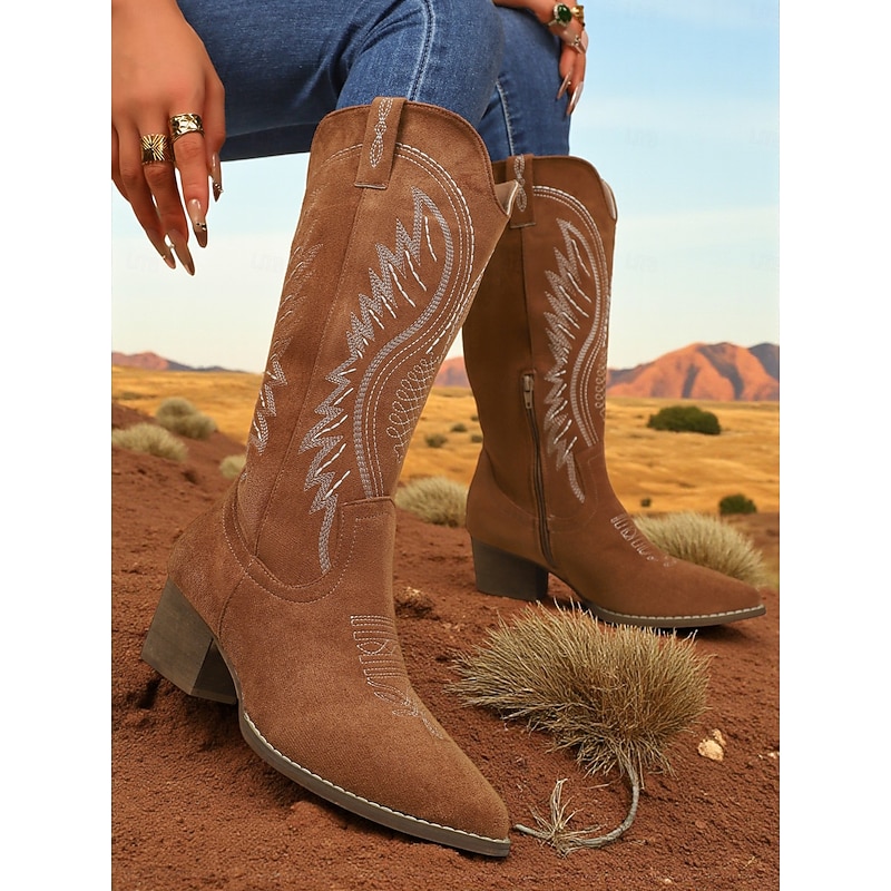Women's Suede Mid-Calf Cowboy Boots with Embroidered Western Design -Chic Urban Fashion Footwear for Trendy Outfits