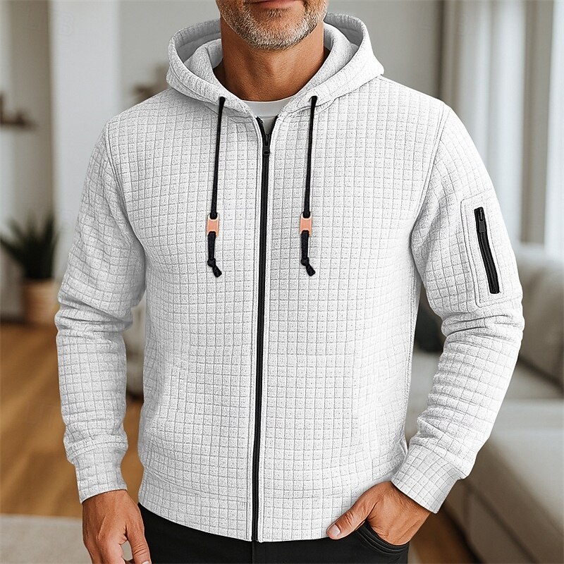 Men's Hoodie Full Zip Hoodie Waffle Hoodies Wine Red Black White Army Green Navy Blue Hooded Plain Zipper Textured Sports & Outdoor Casual Daily Streetwear Cool Sportswear Spring &  Fall Clothing3