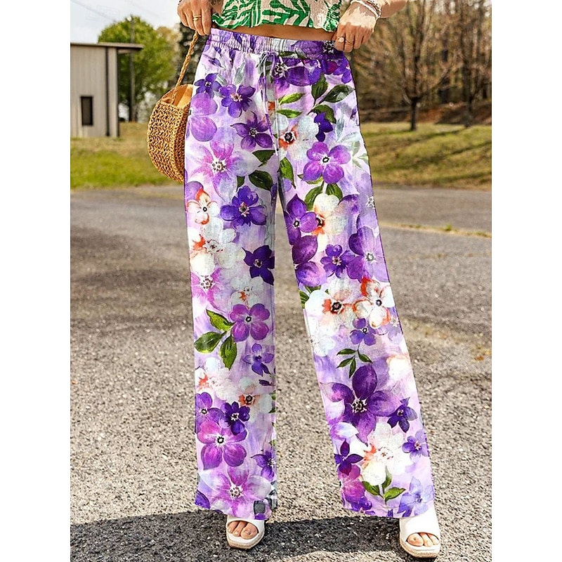 Women's Wide Leg Chinos Baggy Pants Vacation Vintage Fashion Full Length High Waist Floral Graphic Printing Soft Breathable Inelastic Formal Vacation Street Black Red Purple Green Summer Spring Loose