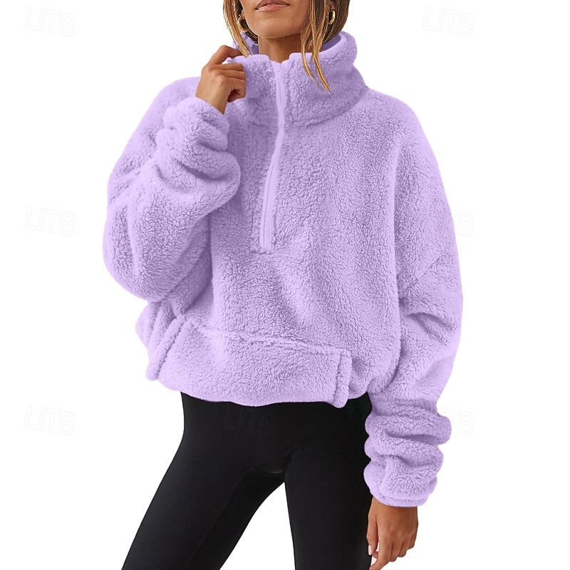 Women's Pullover Sweatshirt Sweatshirts Plain Streetwear Casual Long Sleeve Turtleneck Regular Tops Street Holiday Going out Half Zipper Quarter Zipper Zipper Pocket Yellow Pink Wine Dark Pink Purple4