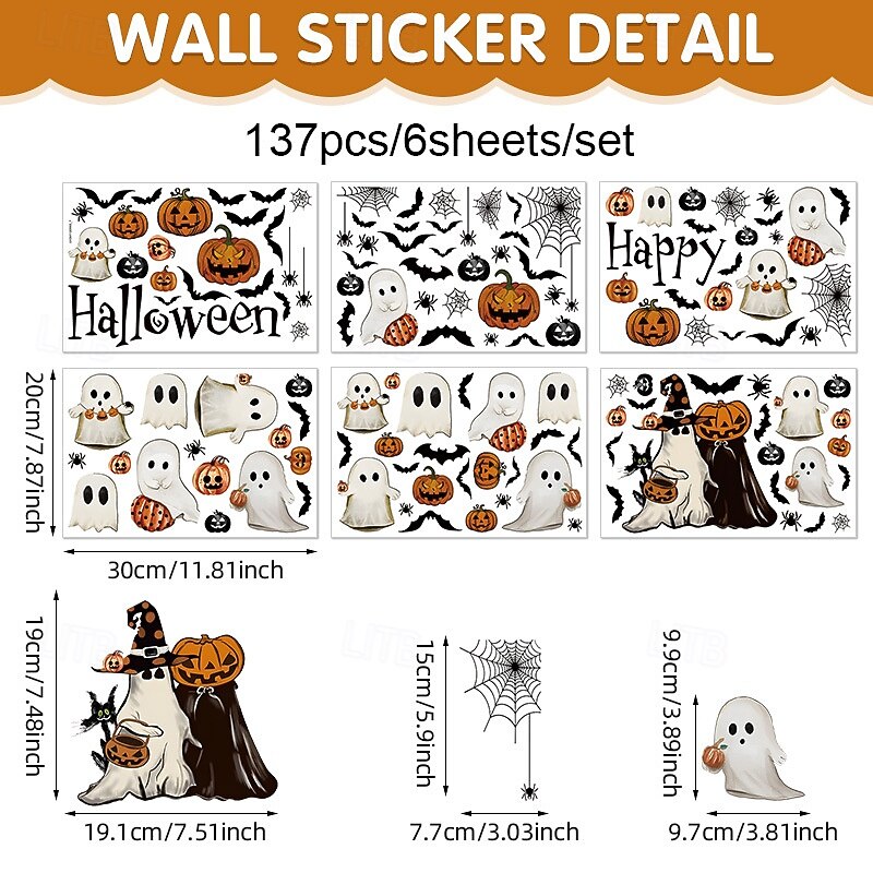 6 Sheet Halloween Ghost Window Clings, PVC Static Stickers with Pumpkins, Ghosts for Living Room Glass Window Decorations, Removable Halloween Holiday Decals3