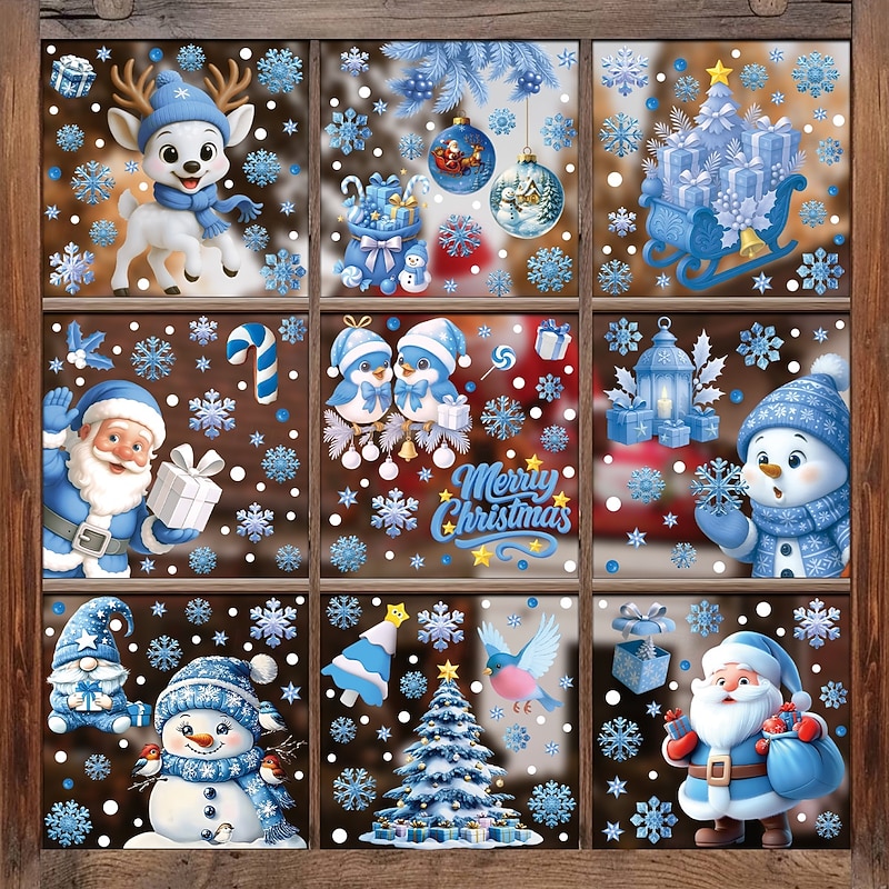 9 Sheets Christmas Window Cling Wall Sticker Decals Decorations, Creative Cartoon Santa Claus, Bells, Snowflakes & Snowmen, Static Cling, New Holiday Home & Store Decor