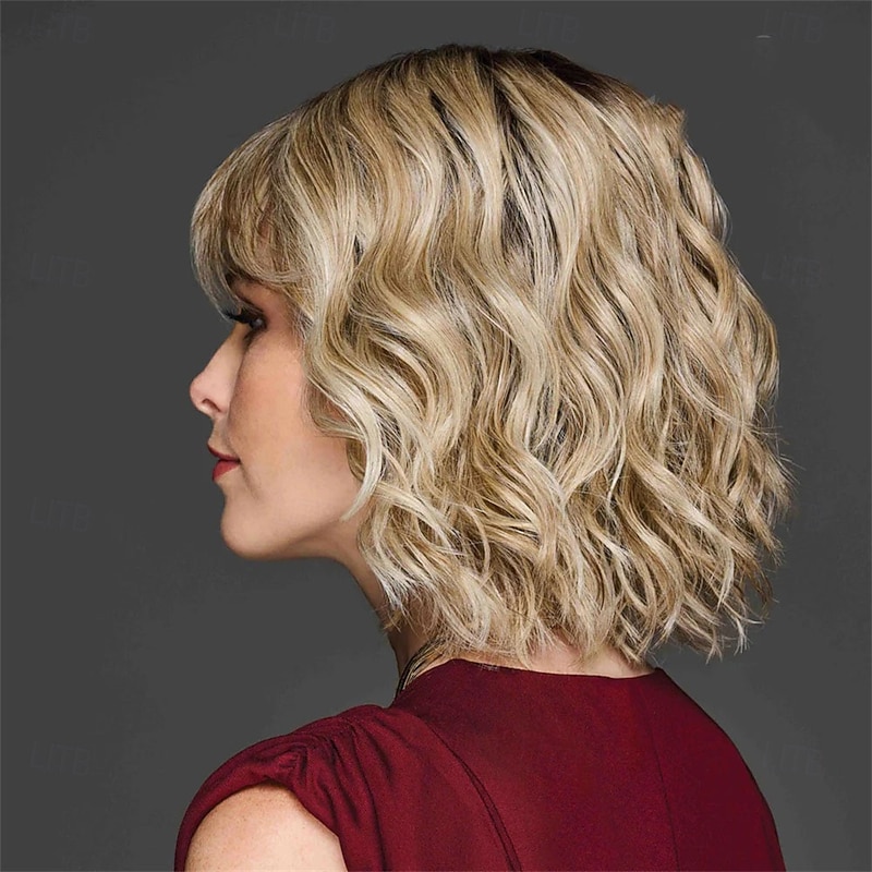 Women’s Blonde Highlight Short Bob Wig with Bangs Natural Looking Realistic Synthetic Hair Heat Resistant Wavy Layered Cut Dark Roots Elegant Daily Wear Fashion Style3