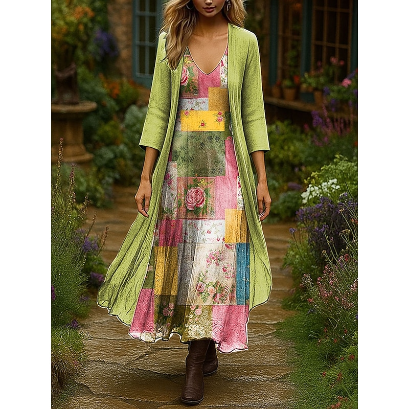 Women's Dress Set Maxi Dress A Line Dress Vacation Boho Floral Graphic Layered Print Maxi Dress 3/4 Length Sleeve V Neck Outdoor Daily Pink Blue Green Spring Fall Regular Fit