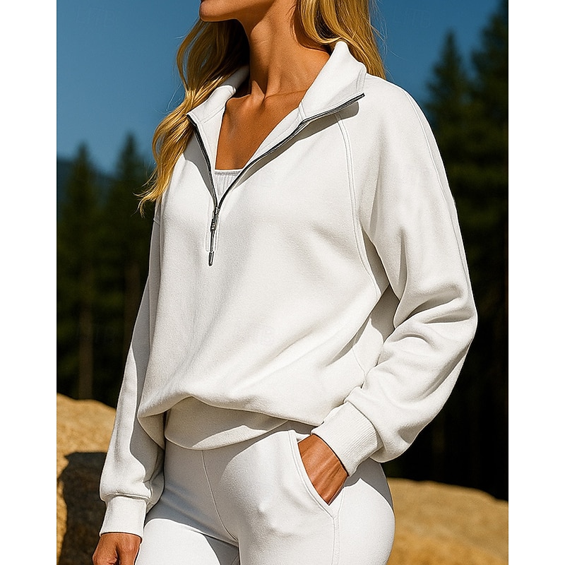 Women's Pullover Sweatshirt Casual Outfits Half Zip Long Sleeve Top Athleisure Fall Solid Colored Breathable Workout Outdoor Training Sportswear Activewear Black White Pink3