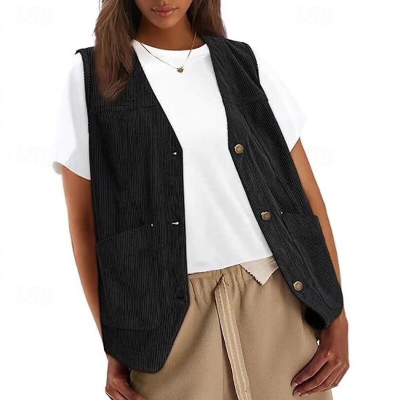 Women's Vest Comfortable Pocket Buttons Casual Plain Casual Daily Weekend Single Breasted Regular V Neck Regular Fit Sleeveless Outerwear Navy Black White Fall2