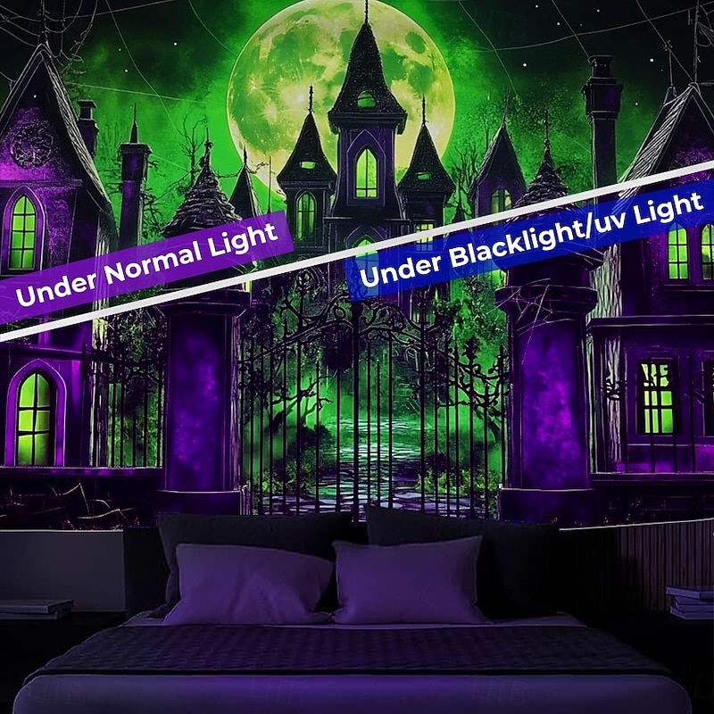HallAoween Blacklight Tapestry UV Reactive Glow in the Dark Forest Trippy Mountain Misty Graveyard Ghost Hanging Tapestry Wall Art Mural for Living Room Bedroom2