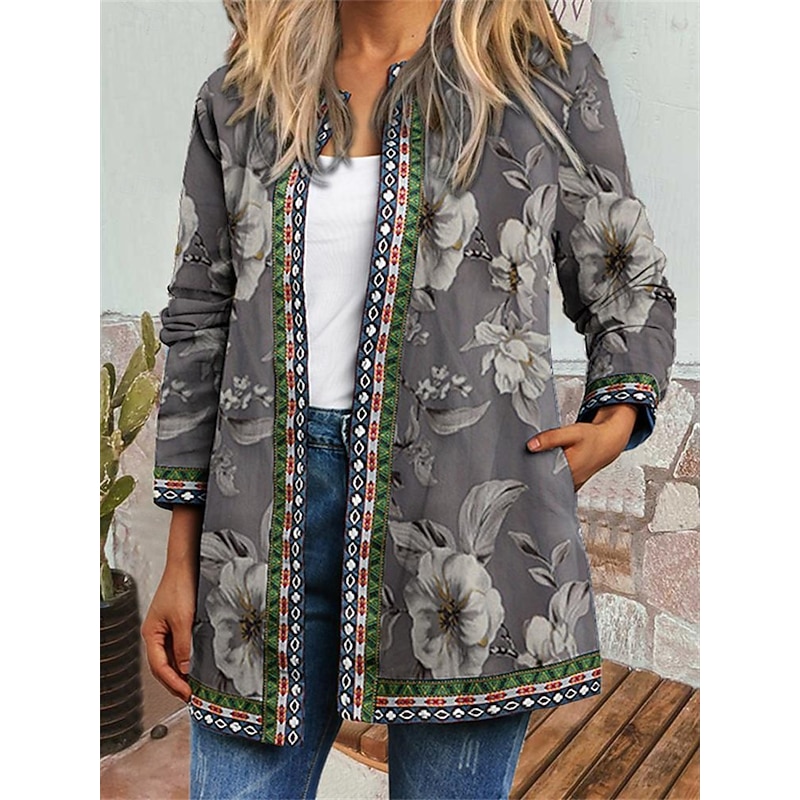 Women's Casual Jacket Windproof Warm Pocket Color Block Open Front with Pockets Modern Floral Casual Daily Casual Daily Short Crewneck Regular Fit Long Sleeve Outerwear Red Blue Khaki Fall3