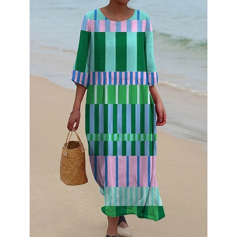Women's Maxi Dress Kaftan 3/4 Length Sleeve Crew Neck Casual Shift Dress A Line Dress Dress Boho Daily Holiday Going out Geometric Pink Green Spring Fall2