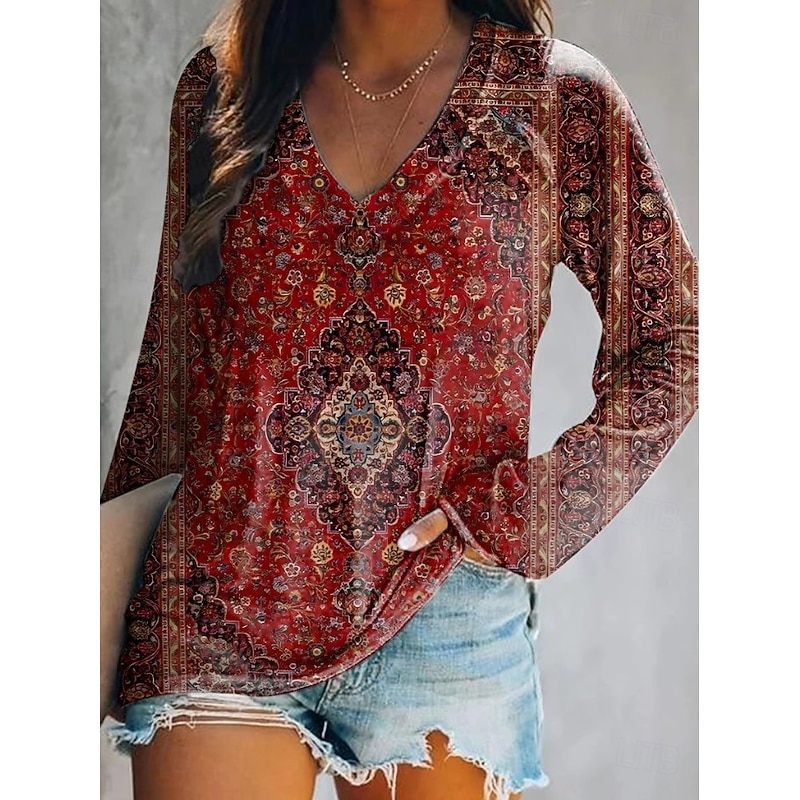 Women's T Shirt V Neck Long Sleeve Graphic Casual Floral Plants Elegant Bohemia Vintage Regular Tops Daily Going out Weekend Print Maroon Grass Green Red Purple Orange Summer Spring Fall