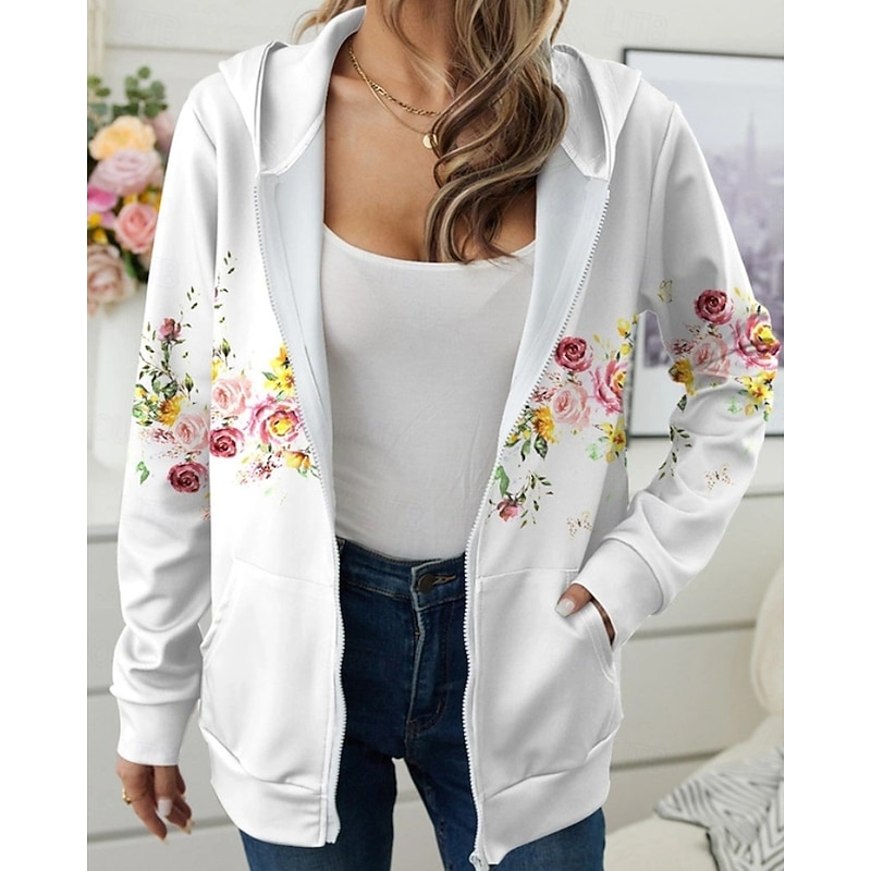Women's Casual Jacket Hoodie Jacket Comfortable Zipper Pocket Print Fashion Flower Street Daily Casual Daily Weekend Zipper Regular Hooded Regular Fit Long Sleeve Outerwear White Fall Winter