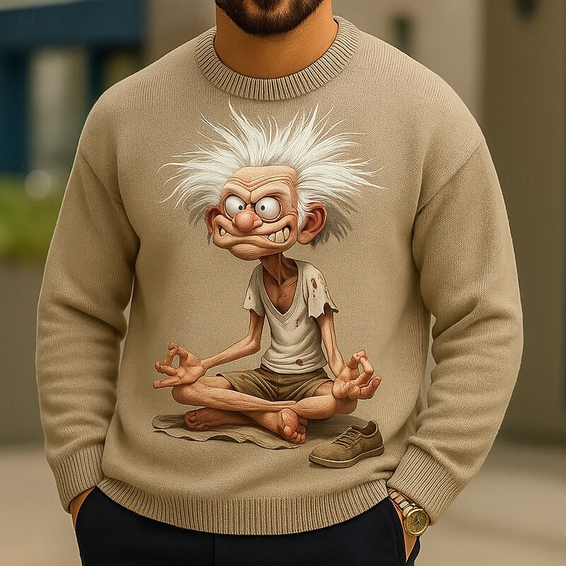 Men's 3D Cartoon Cartoon Character Pullover Sweater Jumper Knitwear Crewneck Casual Vacation Home Street 3D Print Knitting Keep Warm Long Sleeve Spring Fall Winter White Yellow Brown4