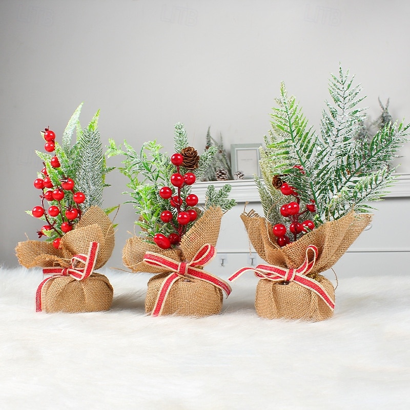 Christmas Mini Tree Tabletop Desktop Artificial Christmas Tree Xmas Decor Burlap Wrapped Pine Needle Red Berry Mini Holiday Tree for Festive Home Party Tabletop Decoration Accessory2