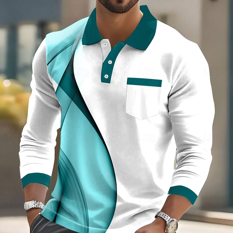 Men's Geometric Polo Long Sleeve Polo Shirts Lapel Casual Business Casual Athleisure Daily Wear Pocket 3D Print Buttons Spring Fall Lake blue Black White4