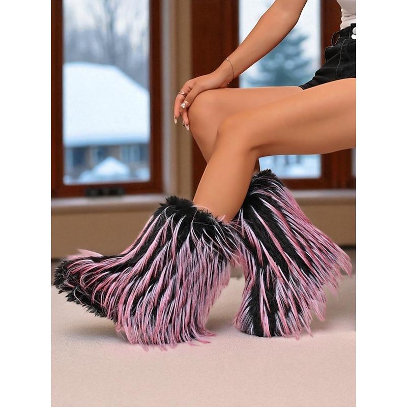 Women's Fashion Furry Platform Boots - Pink and Black Fluffy Statement Footwear for Street Style, Winter Outfits, Rave Looks and Trendy Festival Wear4