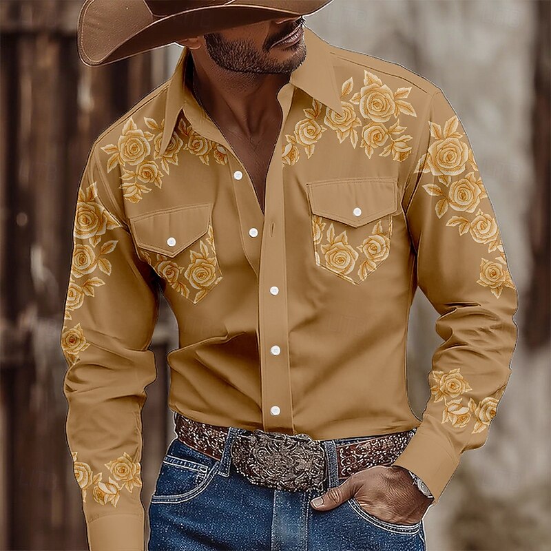 Men's Floral Print Flowers Shirt Western Shirt Cowboy Shirt Long Sleeve Vintage Retro Outdoor Casual WorkWear Spring Fall Turndown Front Two Pockets Button Up Shirts Pink Blue Green Khaki4