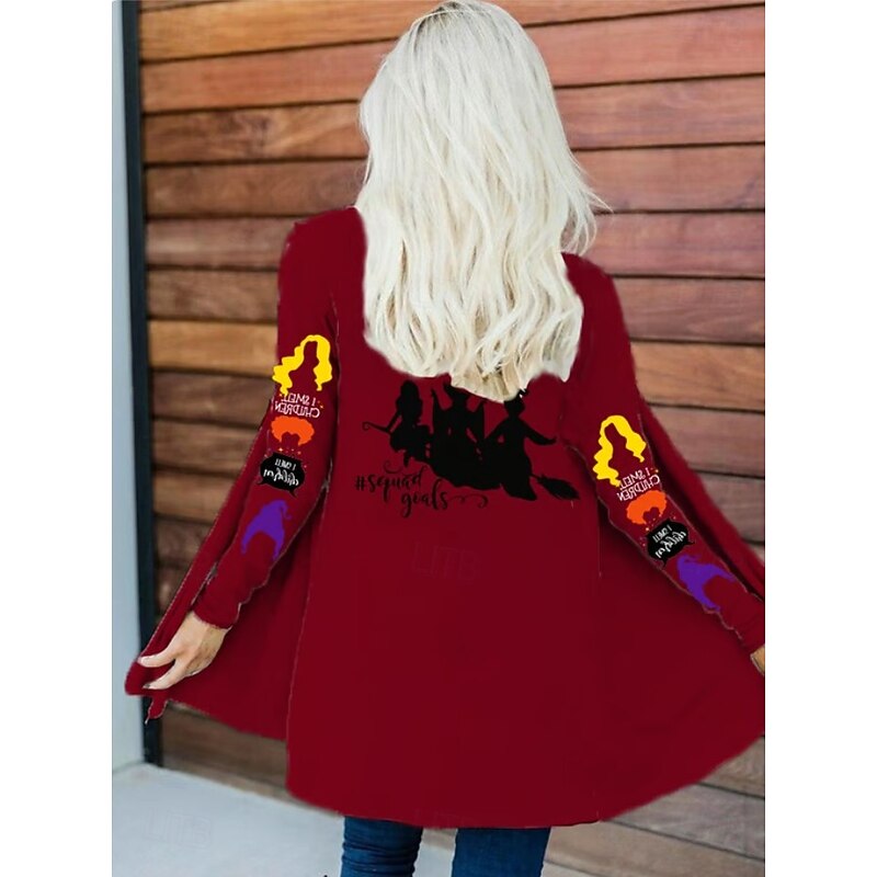 Halloween Women's Coat Lightweight Comfortable Witch Print Open Front Vintage Artistic Casual Witch Skull Casual Long Collarless Loose Fit Long Sleeve Outerwear Black White Red Spring Fall4