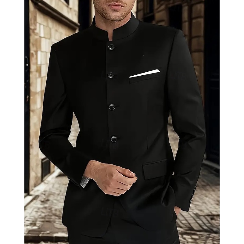 Men's Blazer Business Cocktail Party Wedding Party Fashion Casual Spring Fall Polyester Plain Pocket Buttons Comfortable Single Breasted Blazer Black