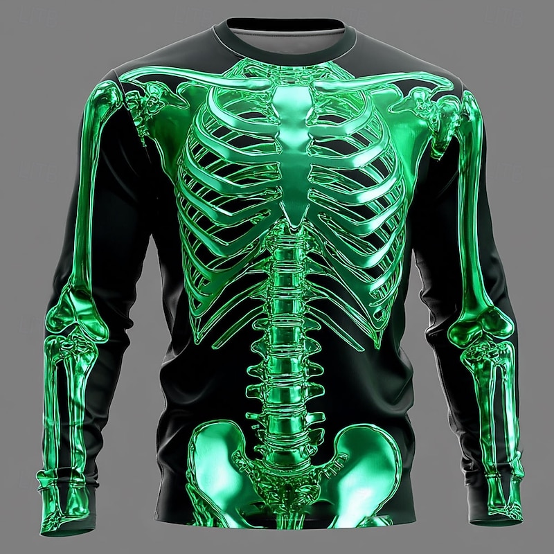 Halloween Men's 3D Metallic Skeleton T Shirt Long Sleeve T shirt 3D Print Crew Neck Shirt Fashion Exaggerated Street Casual Daily Blue Gold Green Summer Spring Fall Clothing Apparel S M L XL XXL XXXL3