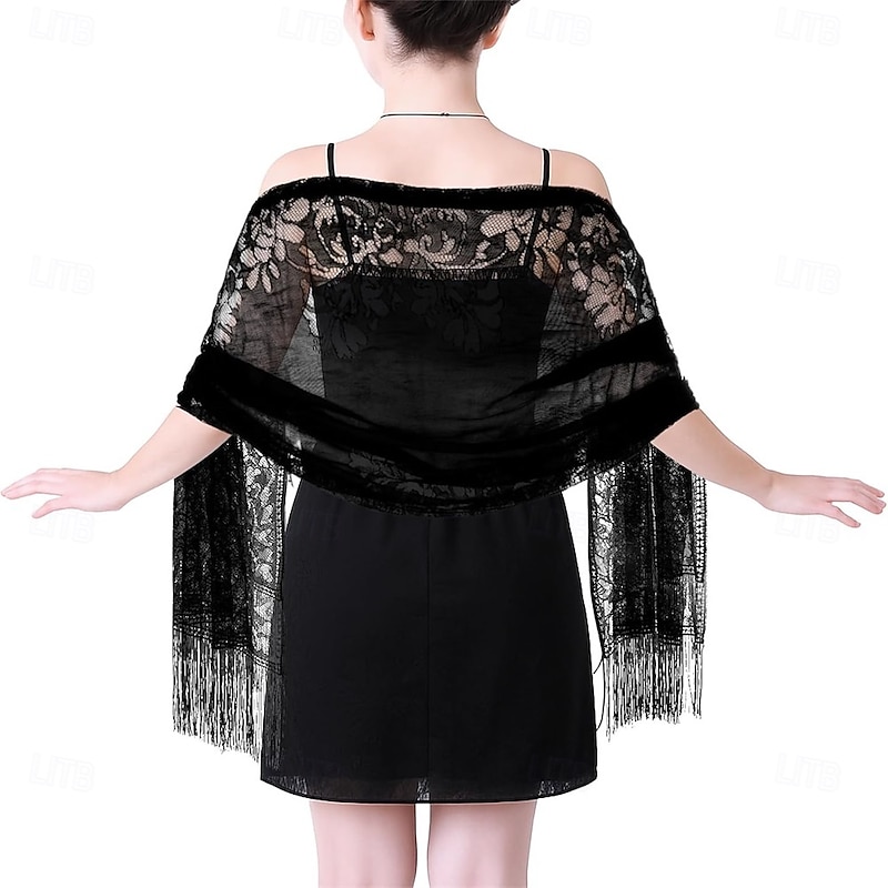 Women's Floral Lace Scarf Shawl with Tassels Soft Mesh Fringe Wraps Wedding Formal Shawl for Party Evening Party Dress