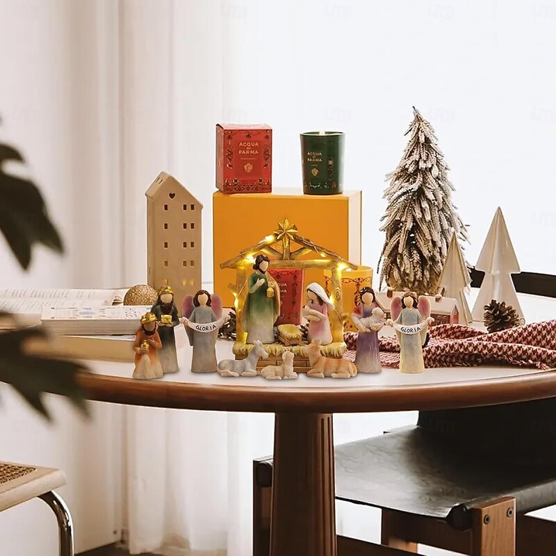 12pcs/set Christmas Nativity Figurines Resins Manger Holy Family Nativity Scene Statue for Xmases Indoor Home Table Decorations2