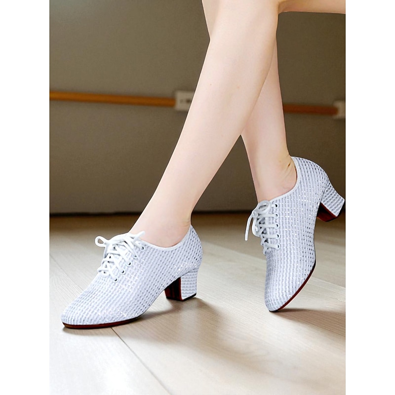 Women's White Lace-Up Dance Shoes - Sparkly Chunky Heel Ballroom Footwear with Breathable Mesh Design for Practice and Performance4