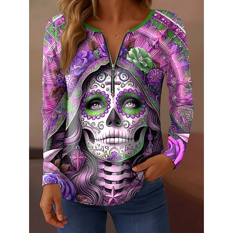 Halloween Women's T Shirt Skulls Graphic Vintage Stylish Casual Long Sleeve Round Neck Regular Tops Daily Weekend Zipper Print Yellow Pink Blue Gray Fall Winter4