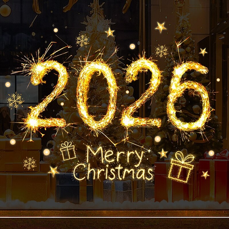 Christmas Window Clings Xmas Wall Sticker 2026 Holiday Decorations Gold Fireworks Effect Reusable Static Clings Non Adhesive Window Stickers Shop Glass Home Seasonal Party Decor