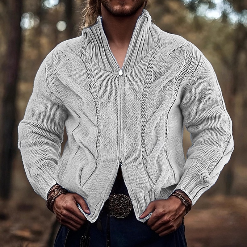 Men's Cardigan Sweater Cropped  Sweater Zip Sweater Knit Sweater Ribbed Knit Regular Tops Zip Up Plain Stand Collar Fashion Classic Vacation Daily Wear Clothing Apparel Fall Winter Black Pink S M L2