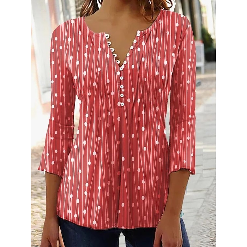 Women's Blouse Graphic Polka Dot Elegant Stylish Modern 3/4 Length Sleeve Ruffle Sleeve V Neck Regular Tops Work Daily Holiday Ruched Buttons Red Blue Green Gray Summer Spring Fall3