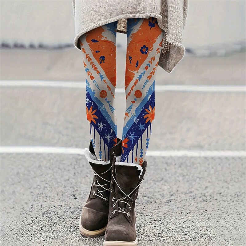 Women's Pants Trousers Leggings Cozy Leggings Streetwear Casual Full Length High Waist Floral Color Block Elastic Waist Print Breathability Comfortable Stretchy Vacation Street Daily Wear Blue Summer